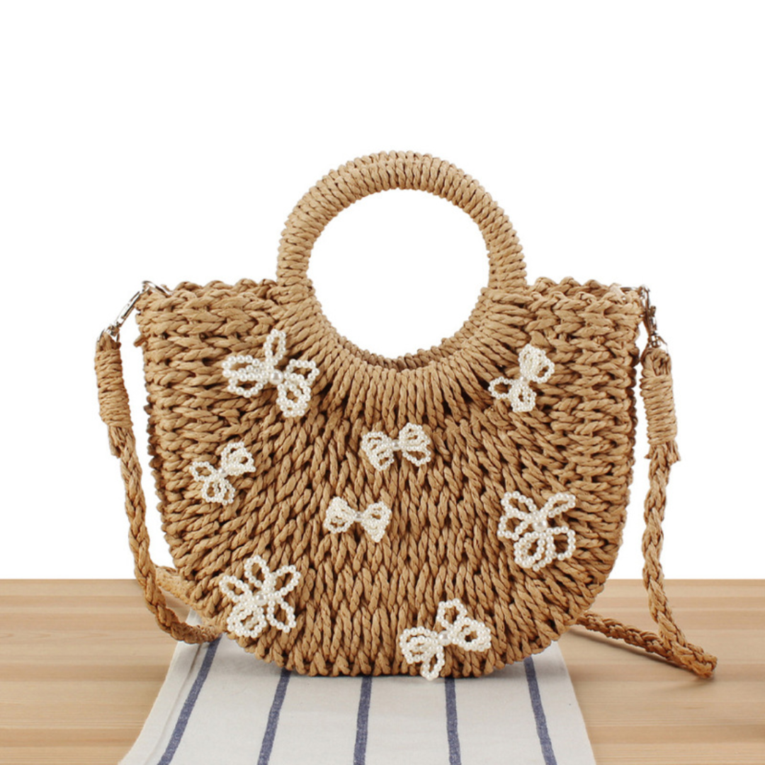 Halbrunde Strohtasche für Damen ⎜ Handgefertigte Strandtasche mit Perlschleifen
