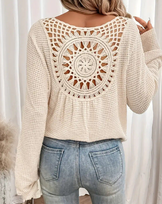 Amelia – elegantes Langarm-T-Shirt mit Waffelmuster und V-Ausschnitt