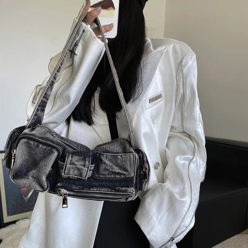 Schultertasche für Damen ⎜ Retro-Umhängetasche aus Denim mit mehreren Reißverschlussfächern für Alltag und Freizeit