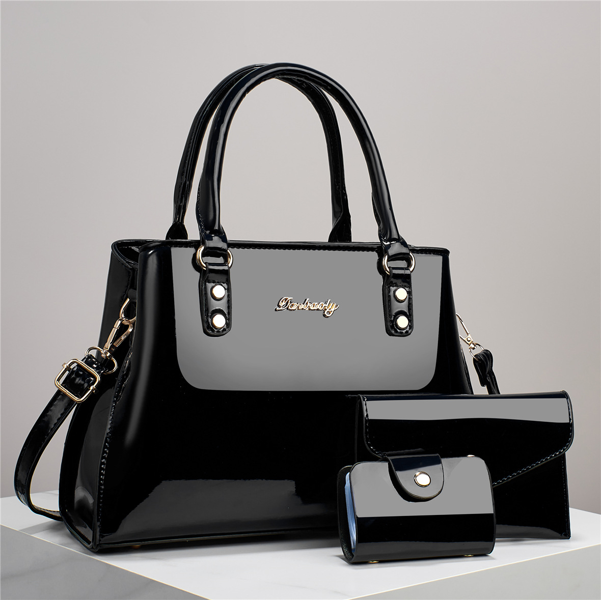 Handtasche mit Umhängegurt ⎜ Elegantes Set für Damen mit Glänzender Oberfläche und Passender Geldbörse