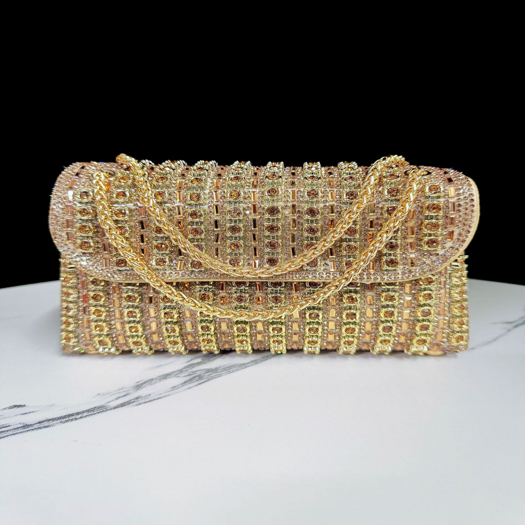 Abendtasche für Damen ⎜ Glitzernde Clutch mit bunten Strasssteinen und goldener Kette für festliche Anlässe