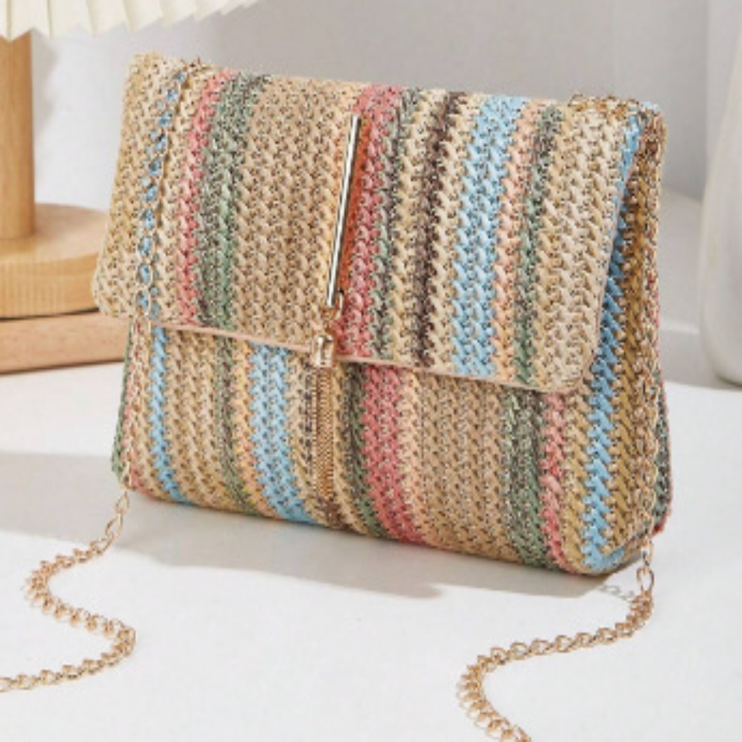 Umhängetasche für Damen ⎜ Bunte Strohtasche mit Kettenriemen und Schnappverschluss für Sommer und Freizeit