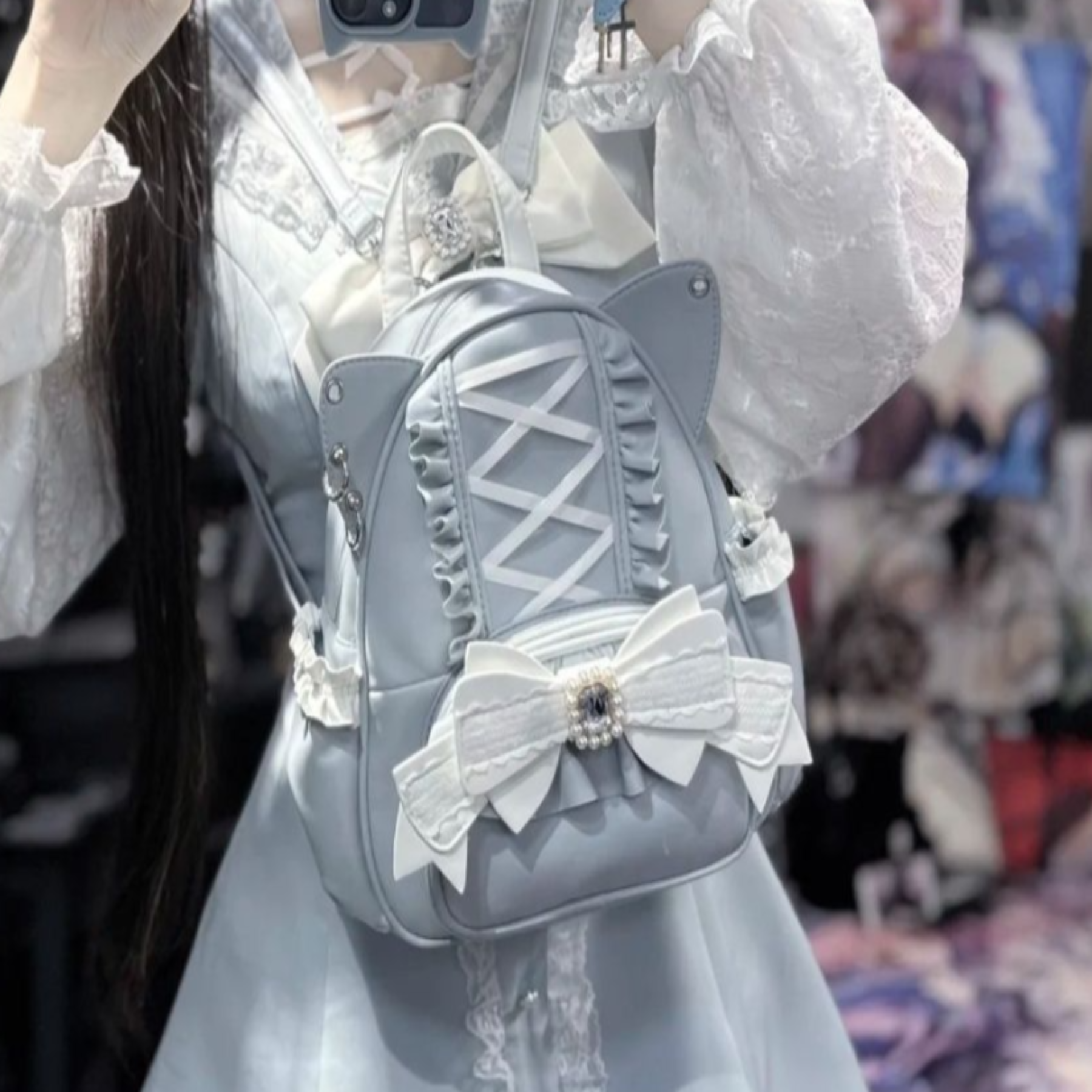 Damen Rucksack mit Katzenohren ⎜ Niedliches Design mit Spitze und viel Stauraum für Schule und Freizeit