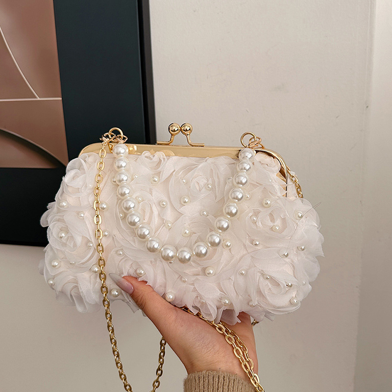 Abendtasche für Damen ⎜ Elegante Blumen-Design mit Perlenkette und praktischer Schulterkette