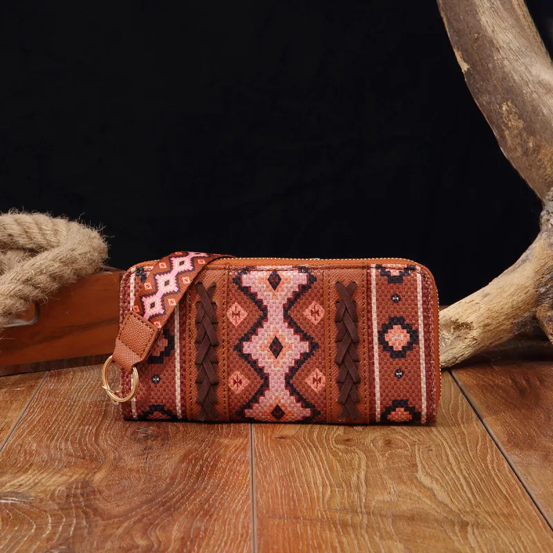 Damen Geldbörse im Boho-Stil ⎜ Handliche Brieftasche aus Stoff mit Reißverschluss und praktischem Trageband