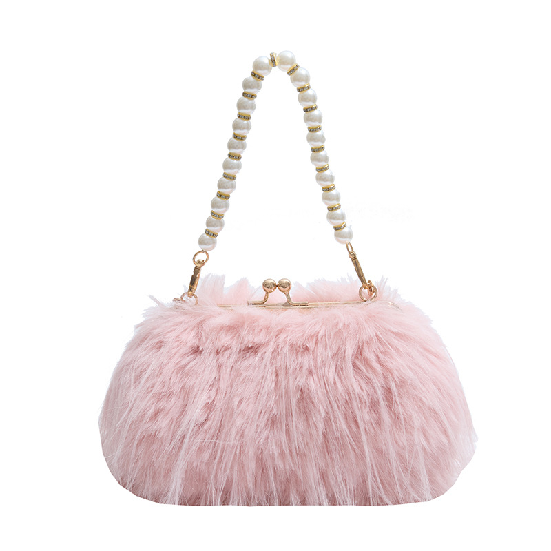 Abendtasche für Damen ⎜ Flauschige Handtasche mit Kunstperlenhenkel für Partys und besondere Anlässe