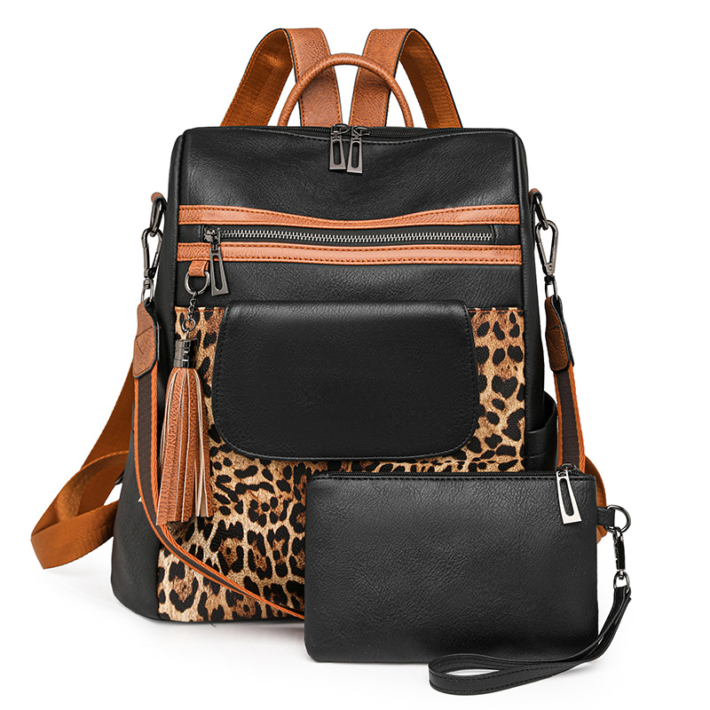 Damen Rucksack mit Leopardenmuster ⎜ Großer Vintage Tagesrucksack mit viel Stauraum und Reißverschlusstaschen
