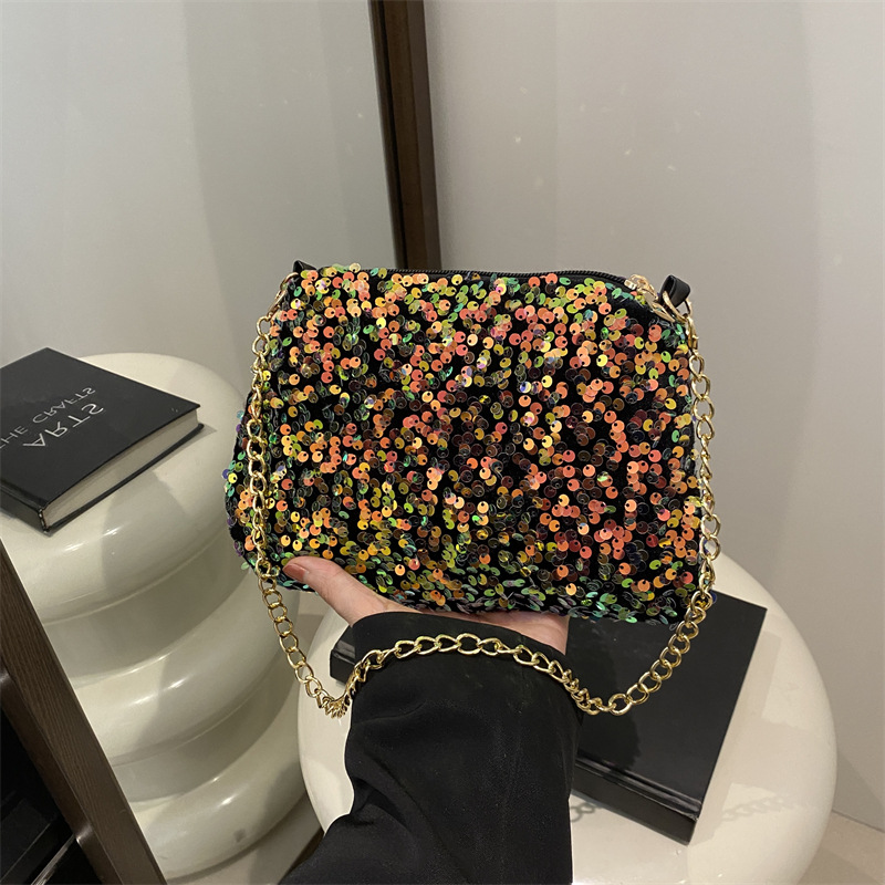 Abendtasche für Damen ⎜ Glänzende Schultertasche mit Pailletten und goldener Kette für stilvolle Anlässe