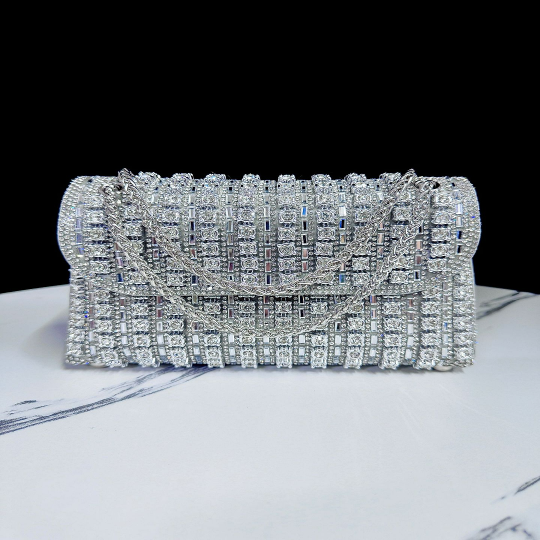 Abendtasche für Damen ⎜ Glitzernde Clutch mit bunten Strasssteinen und goldener Kette für festliche Anlässe