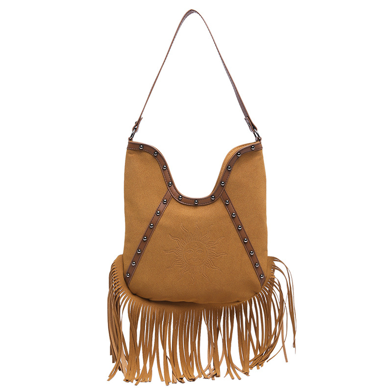 Schultertasche für Damen ⎜ Große Umhängetasche mit Fransen und Nieten für Freizeit und Festival-Look