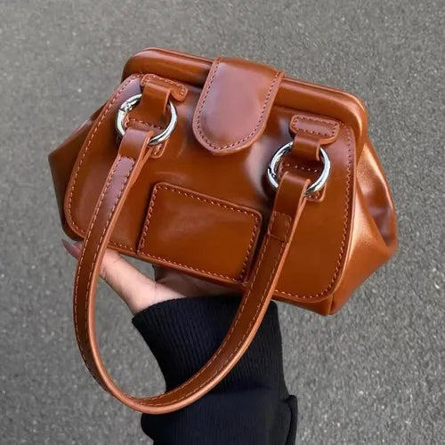 Kleine Damenhandtasche ⎜ Retro Tragbare Clip-Tasche aus Kunstleder für Alltag und Freizeit