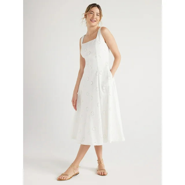Brigitte - Damen-Baumwollärmelloses Midi-Kleid mit quadratischem Ausschnitt und Lochmuster