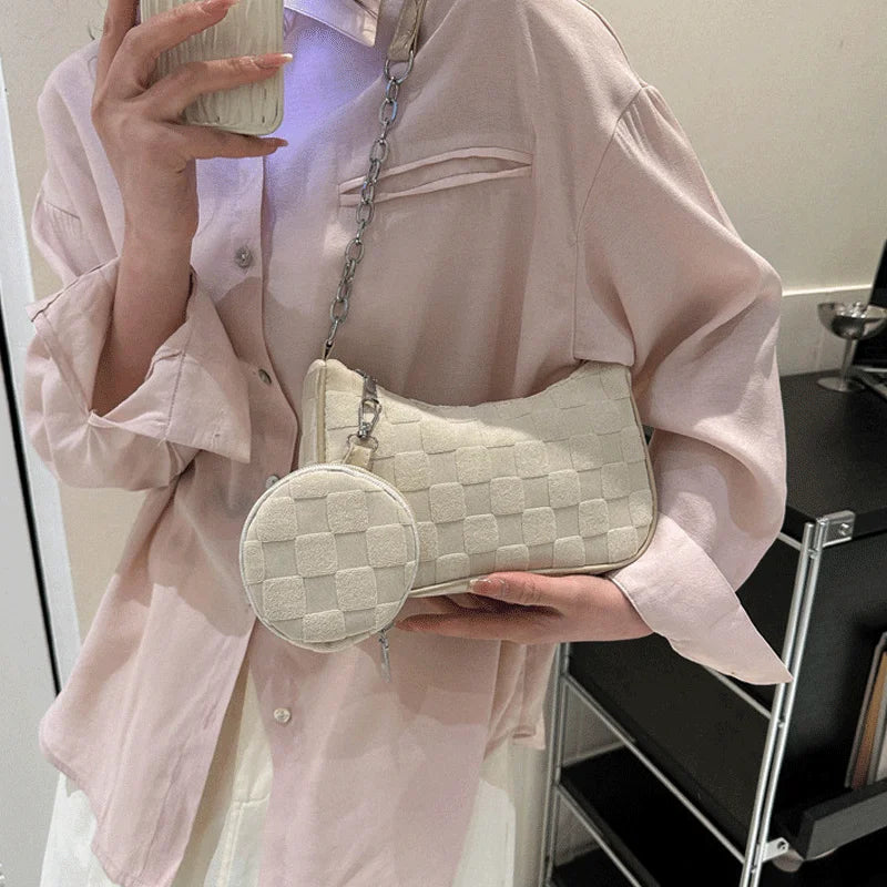 Schultertasche für Damen ⎜ Kompakte Umhängetasche mit Retro-Muster und abnehmbarer Mini-Tasche für unterwegs