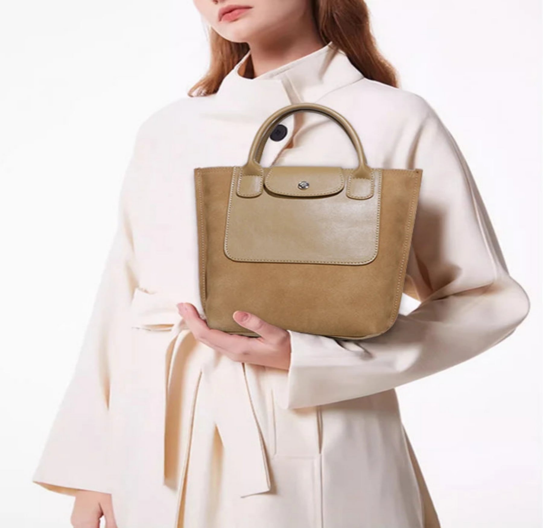 Damentasche mit Schulterriemen ⎜ Stylische Beuteltasche aus Wildleder mit Kontrastnähten und viel Stauraum