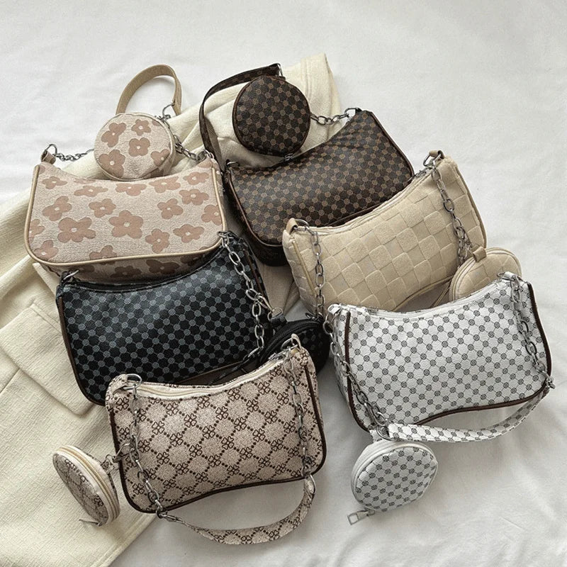 Schultertasche für Damen ⎜ Kompakte Umhängetasche mit Retro-Muster und abnehmbarer Mini-Tasche für unterwegs