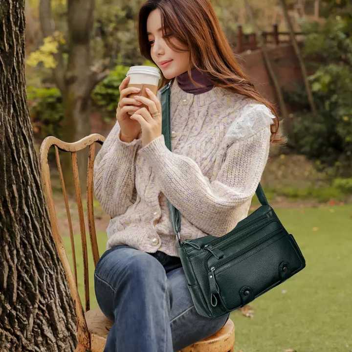 Schultertasche für Damen ⎜ Geräumige Umhängetasche im Retro-Stil mit Reißverschlussfächern für Alltag und Büro