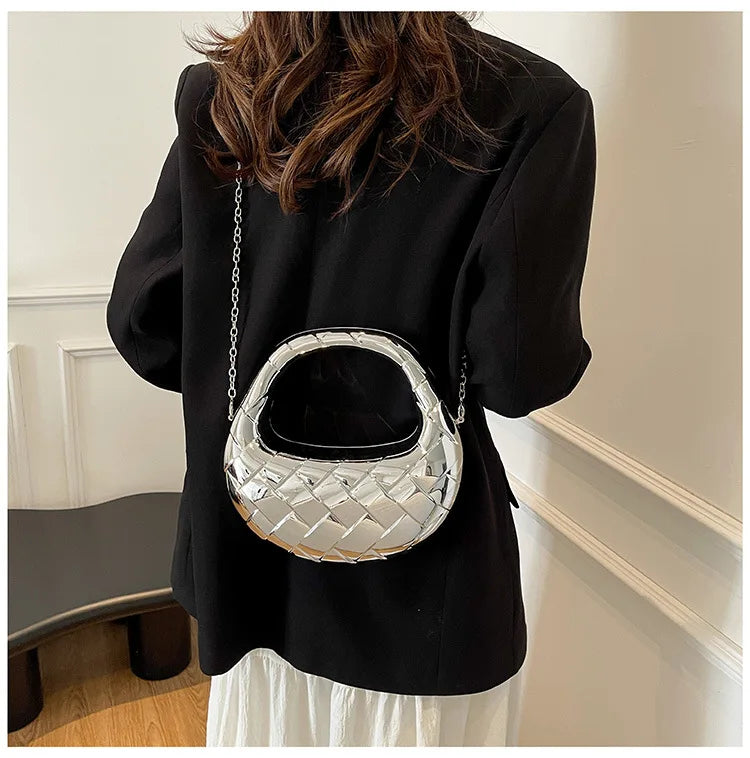 Elegante Dumpling Bag für Damen ⎜ Glänzende Henkeltasche mit Rhombus-Muster für besondere Anlässe