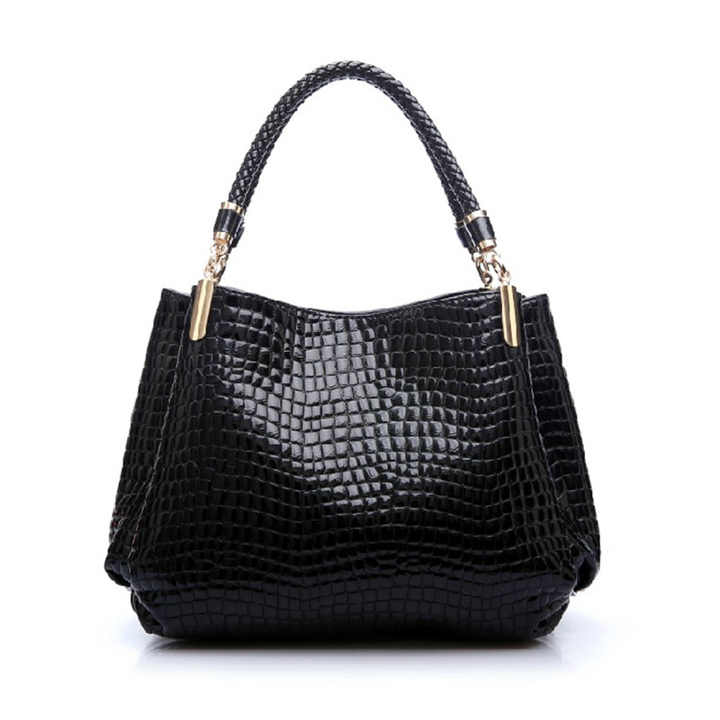Handtasche für Damen ⎜ Große Schultertasche mit Krokoprägung und glänzender Oberfläche für Büro und Shopping