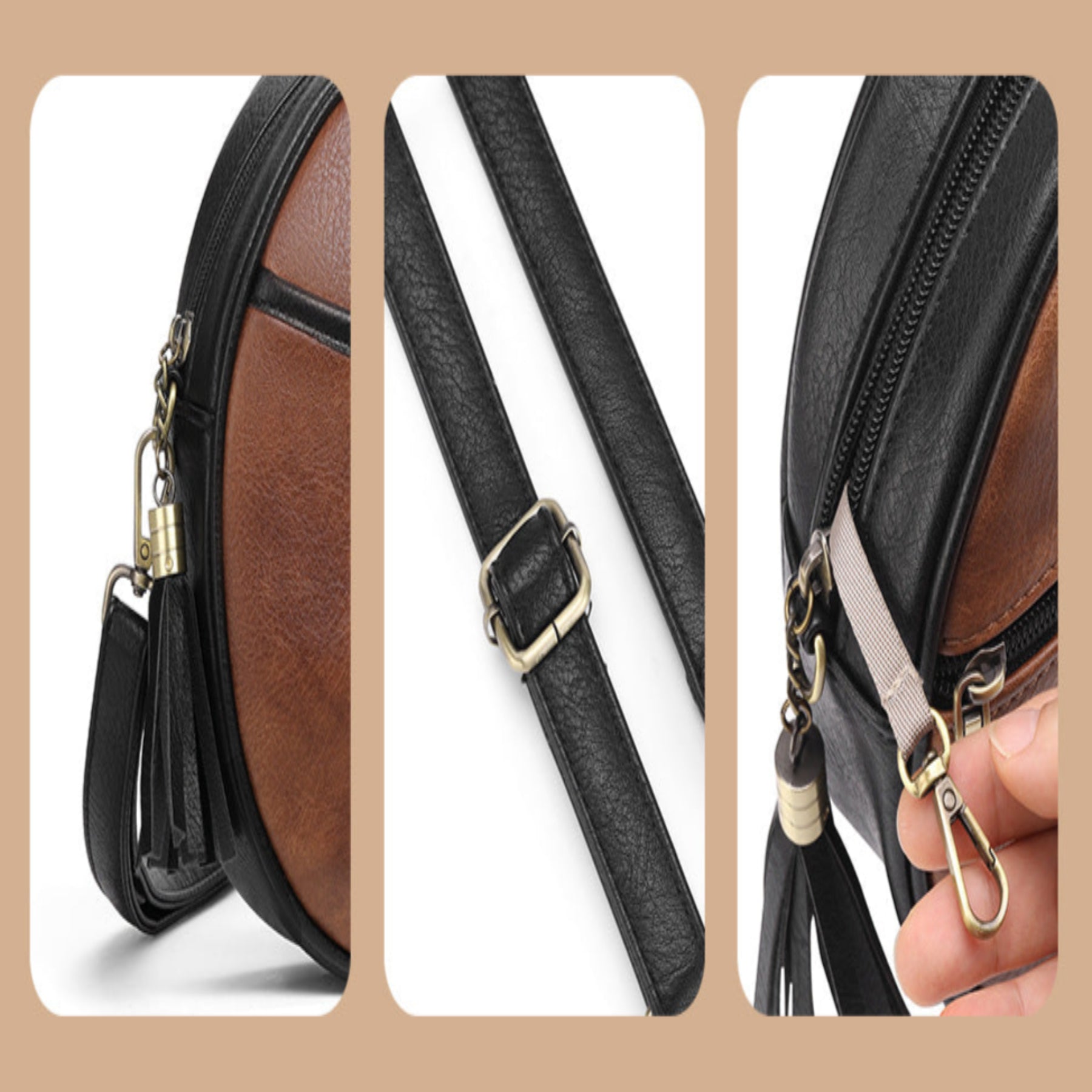 Runde Umhängetasche für Damen ⎜ Kleine Retro-Tasche aus Kunstleder mit verstellbarem Schultergurt