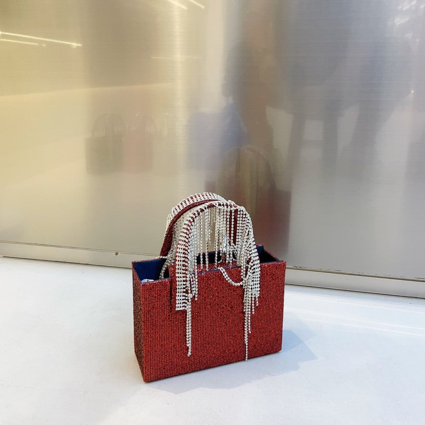Handtasche für Damen ⎜ Glänzende Abendtasche mit Strassfransen und fester Form für festliche Anlässe
