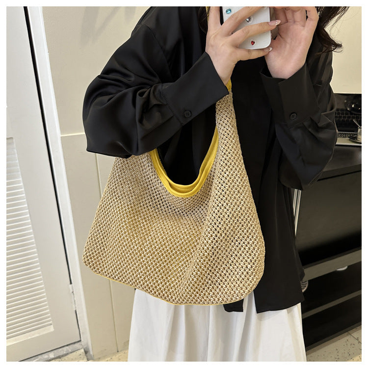 Strandtasche für Damen ⎜ Leichte Tragetasche aus Stroh im Retro-Stil für Sommer, Urlaub und Alltag