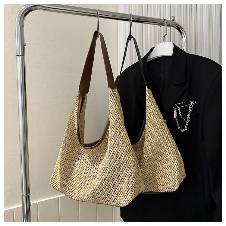 Strandtasche für Damen ⎜ Leichte Tragetasche aus Stroh im Retro-Stil für Sommer, Urlaub und Alltag
