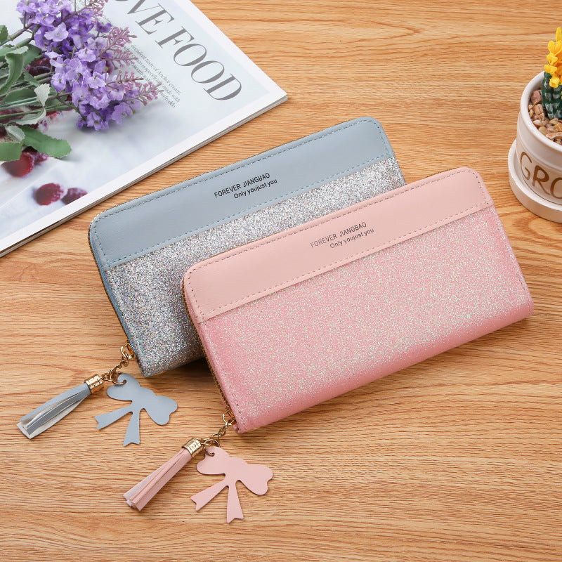 Damen Geldbörse mit Reißverschluss ⎜ Glitzernde Clutch mit Kartenfächern, Handyfach und abnehmbarem Quastenanhänger
