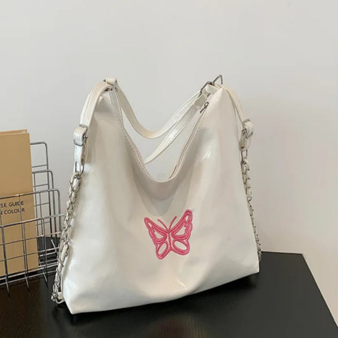 Schultertasche für Damen aus Kunstleder ⎜ Weiche Bucket Bag mit Schmetterling und viel Platz für Alltag und Freizeit