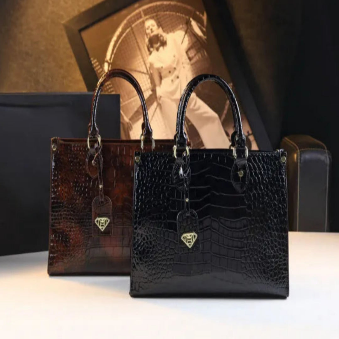 Damen Handtasche mit Krokoprägung ⎜ Elegante Schultertasche für Büro und Alltag mit glänzendem Finish und Kurzgriffen