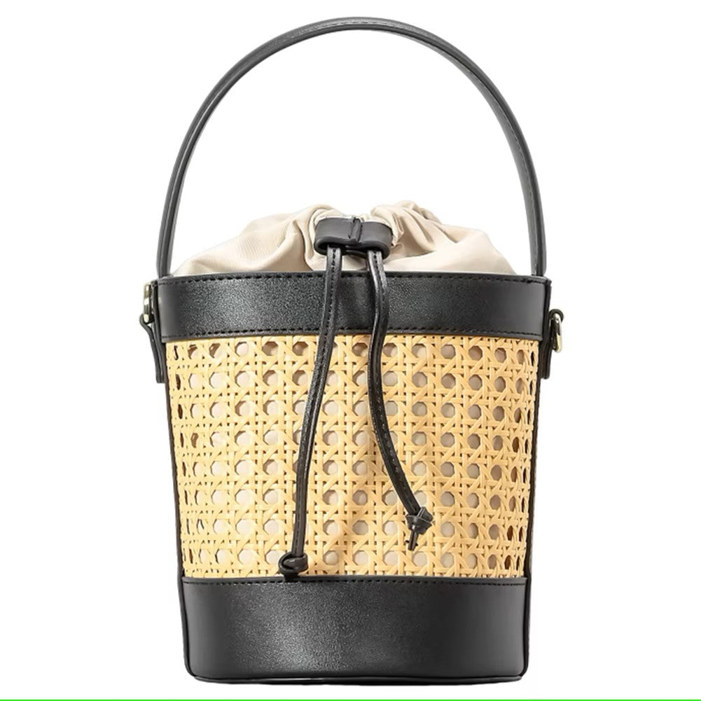 Runde Rattan Umhängetasche für Damen ⎜ Handgewebte Bucket Bag mit Zugverschluss und Lederakzenten