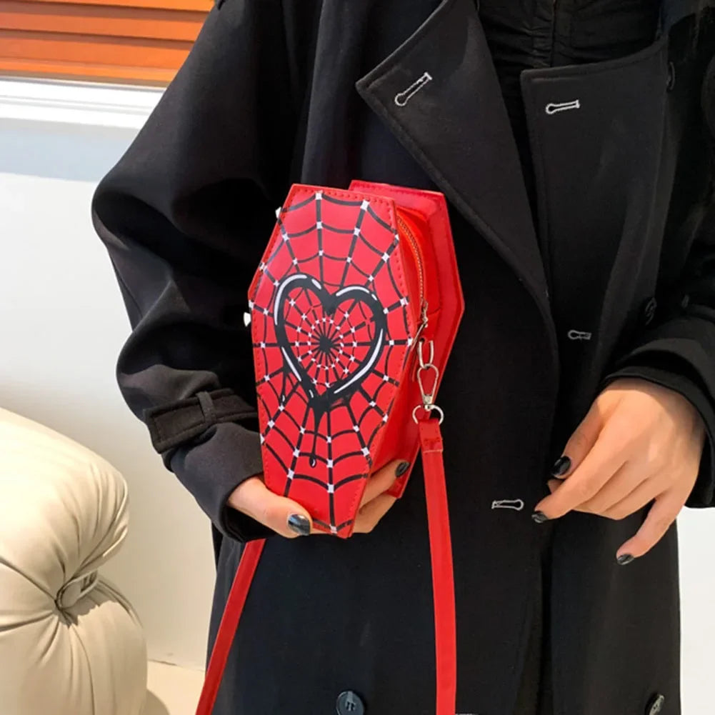Schultertasche für Damen ⎜ Ausgefallene Umhängetasche im Sarg-Design mit Spinnennetz-Motiv für besondere Outfits