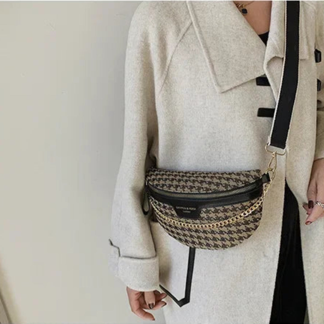 Damen Schultertasche mit Kettenriemen ⎜ Modisches Tweed-Design mit Reißverschluss und breitem Tragegurt