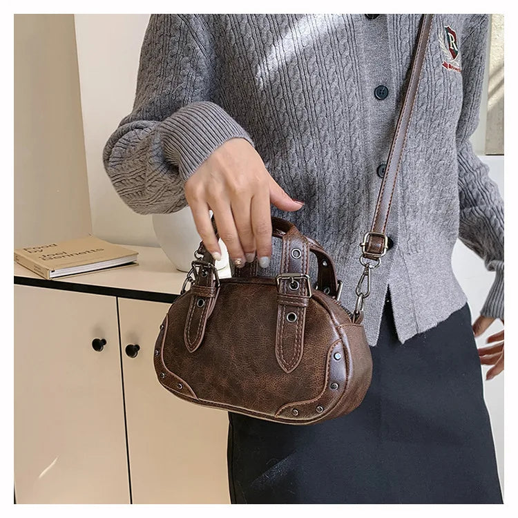 Damen Bowling Tasche ⎜ Kompakte Vintage-Handtasche mit Verstellbarem Gurt und Robustem Material