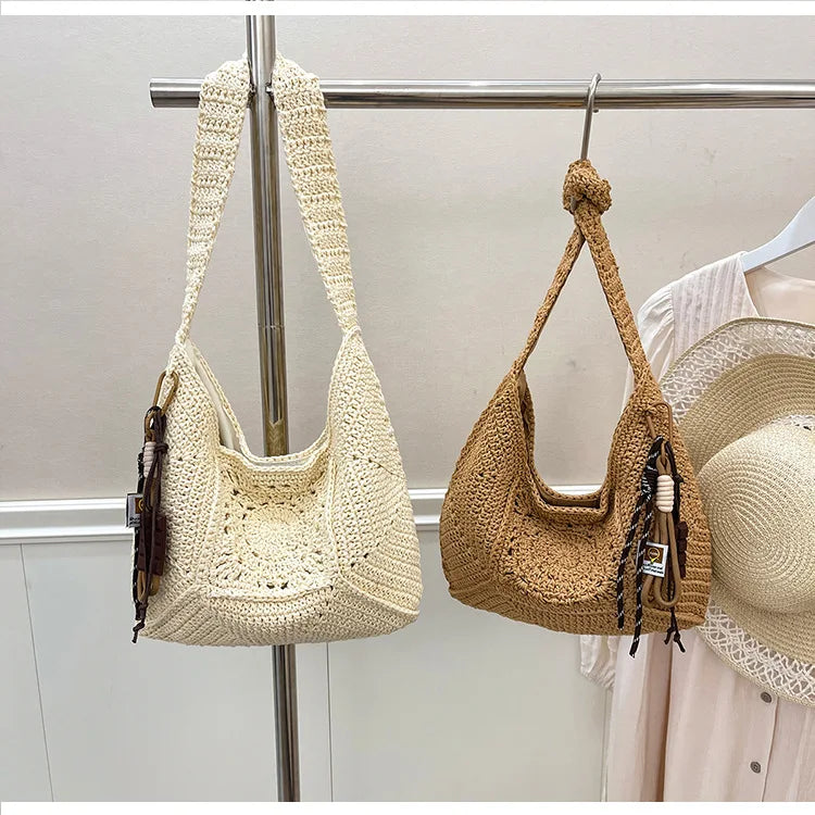 Große Umhängetasche für Damen ⎜ Vielseitige Strandtasche aus geflochtenem Baumwollgewebe im Boho-Stil