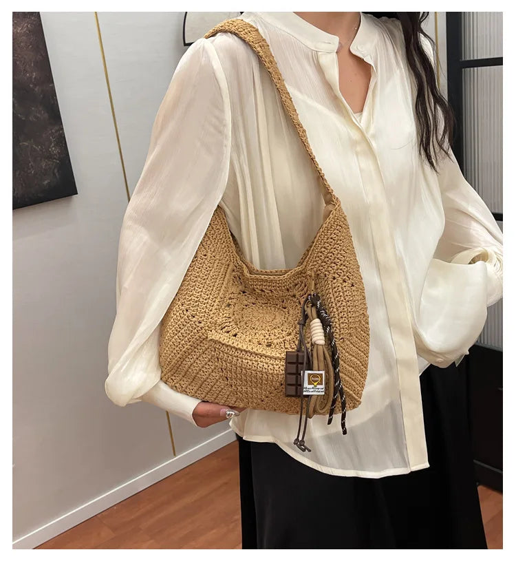 Große Umhängetasche für Damen ⎜ Vielseitige Strandtasche aus geflochtenem Baumwollgewebe im Boho-Stil