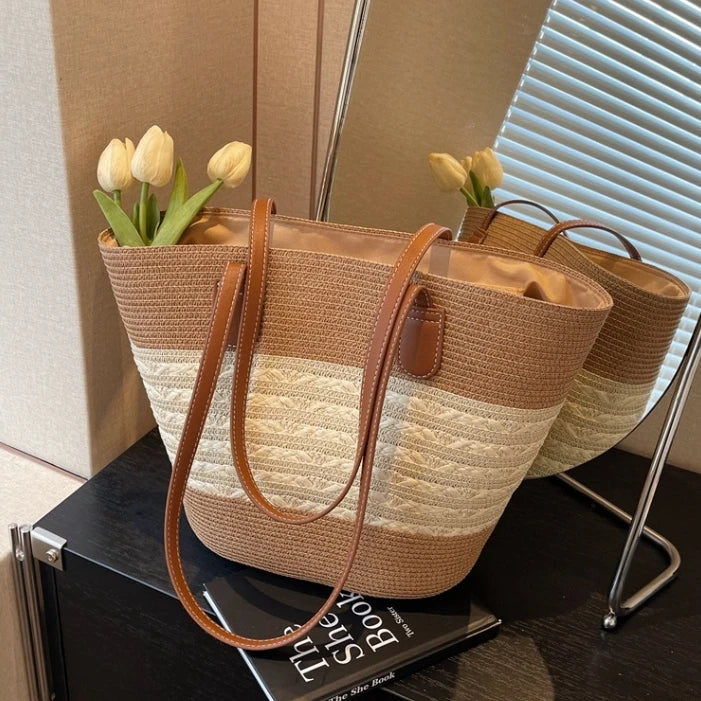 Strandtasche für Damen aus Stroh ⎜ Leichte Sommertasche im Boho-Stil für Alltag, Shopping und Urlaub