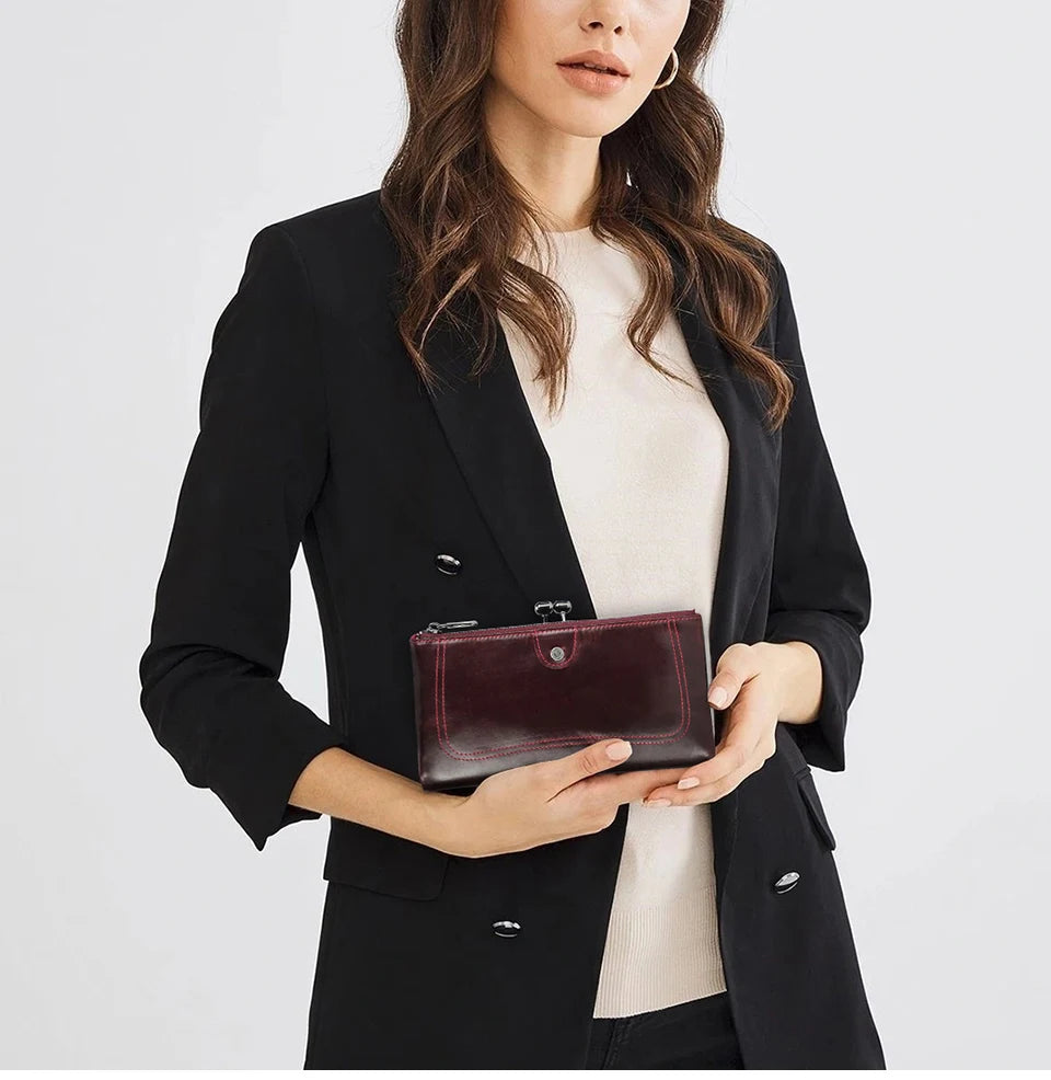 Damen Geldbörse aus Echtleder ⎜ Elegante Langbörse mit Metallverschluss und mehreren Reißverschlussfächern