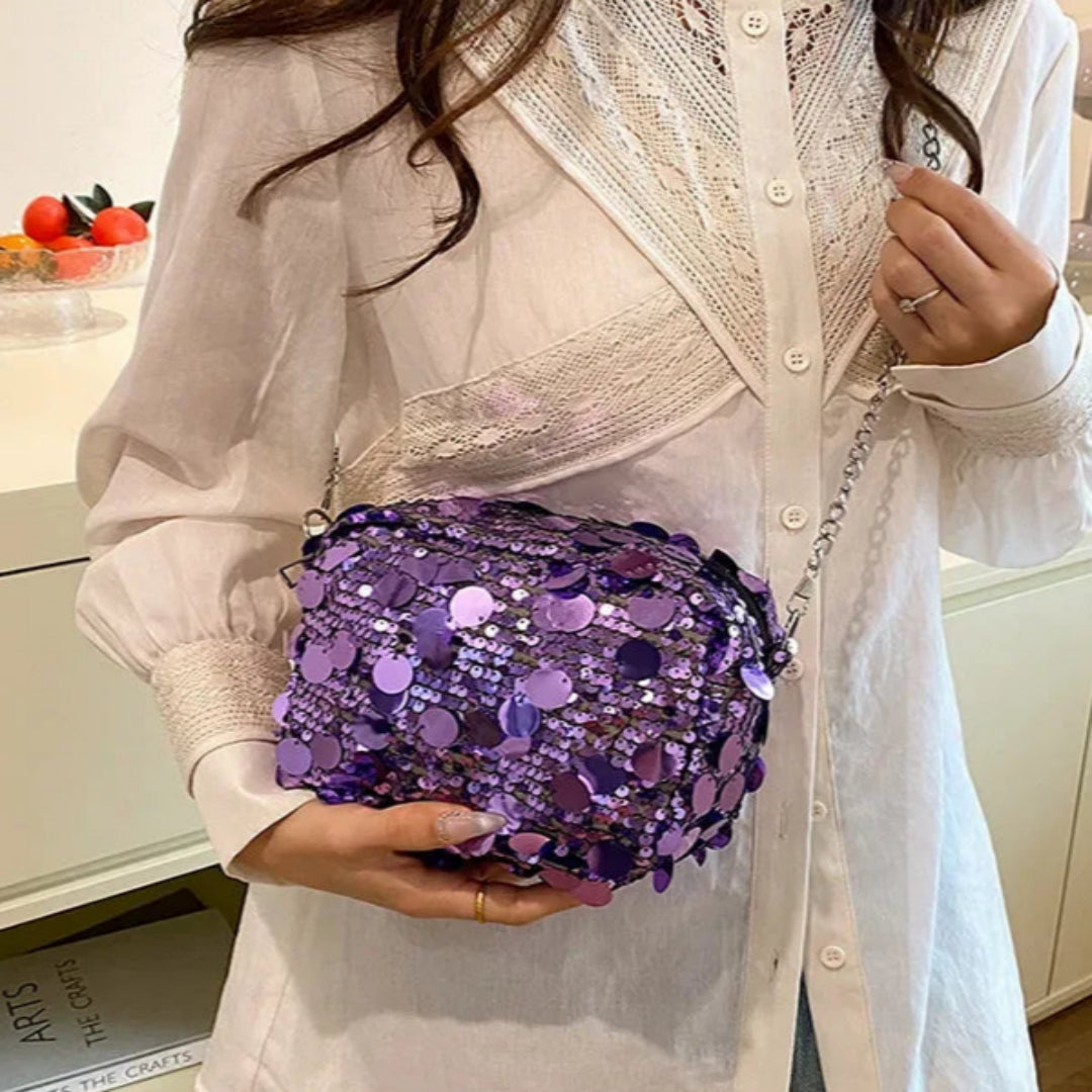 Umhängetasche für Damen ⎜ Glänzende Pailletten-Tasche mit Kette und großem Stauraum für besondere Anlässe