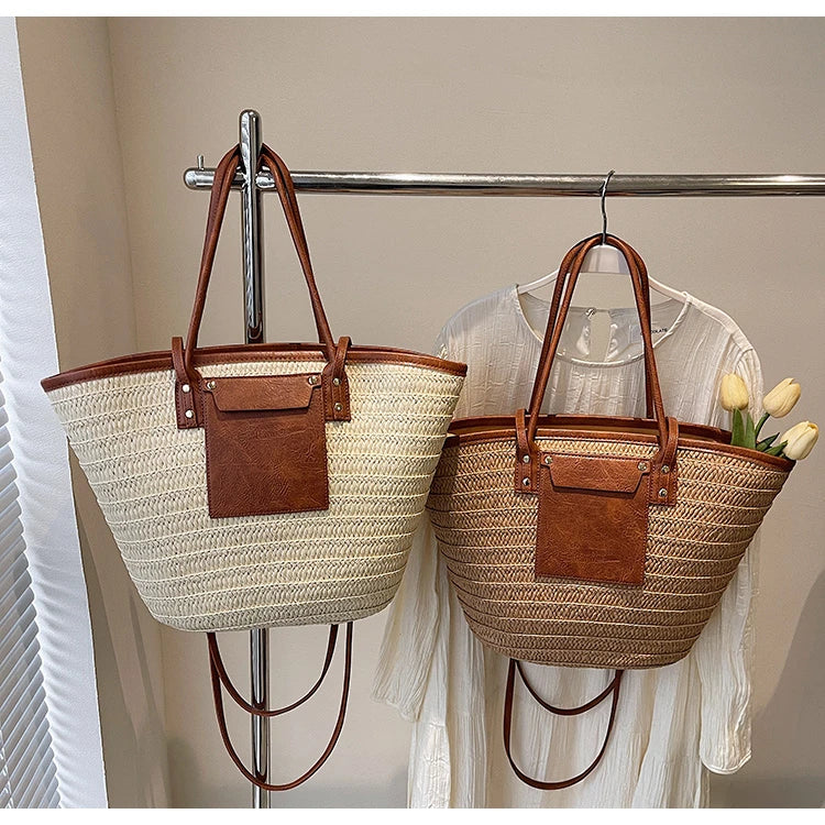 Strohtasche für Damen ⎜ Sommerlicher Shopper mit Frontfach für Strand und Alltag