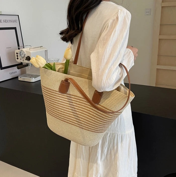 Strandtasche für Damen aus Stroh ⎜ Leichte Sommertasche im Boho-Stil für Alltag, Shopping und Urlaub