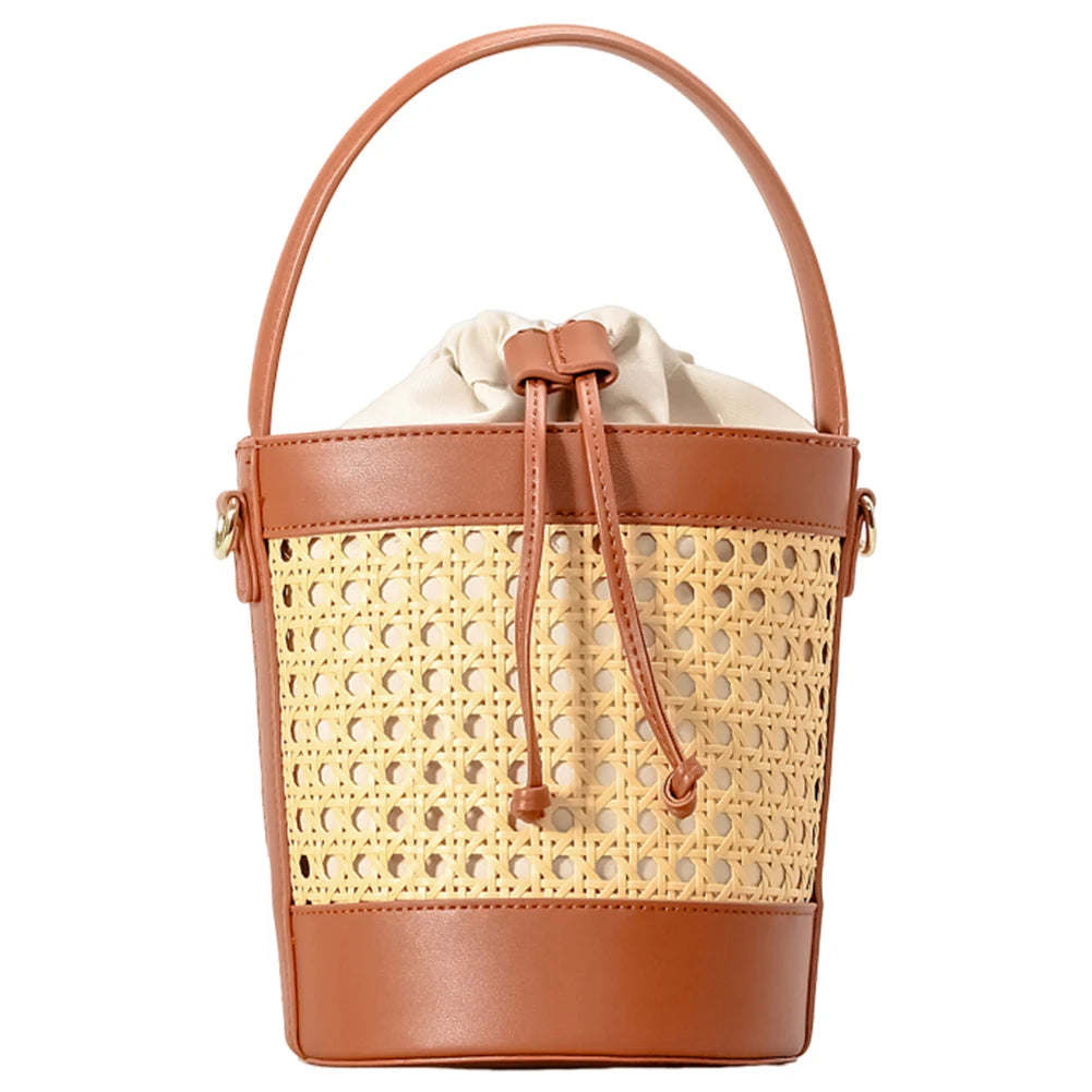 Runde Rattan Umhängetasche für Damen ⎜ Handgewebte Bucket Bag mit Zugverschluss und Lederakzenten