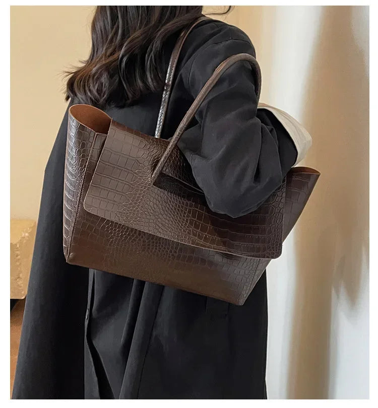 Damen Handtasche Kroko-Optik – Große Schultertasche Kunstleder