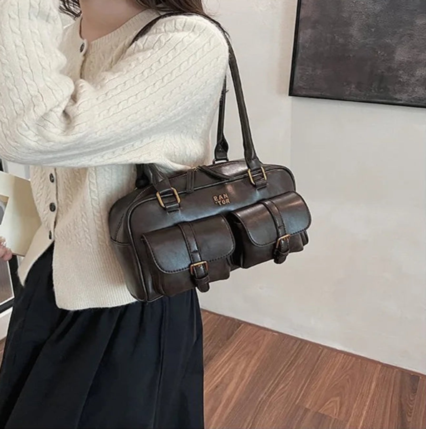 Damen Schultertasche Vintage ⎜ Geräumige Boston-Tasche mit Zwei Frontfächern und Stabilem Grif