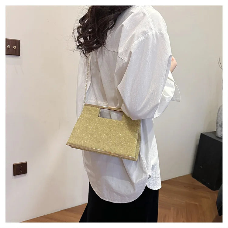 Abendtasche für Damen ⎜ Elegante Glitzertasche mit Metallgriff und Kettenriemen für Party und Event