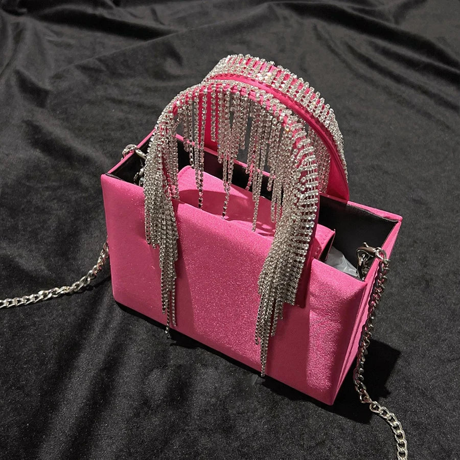 Handtasche für Damen ⎜ Glänzende Abendtasche mit Strassfransen und fester Form für festliche Anlässe