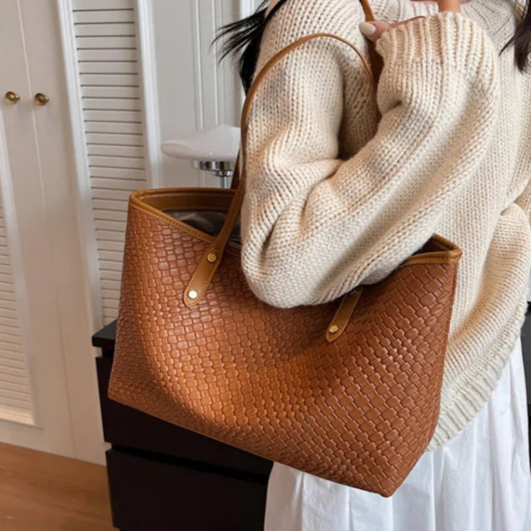 Shopper Tasche für Damen ⎜ Geräumige Schultertasche mit Flechtoptik für Büro, Uni und Alltag