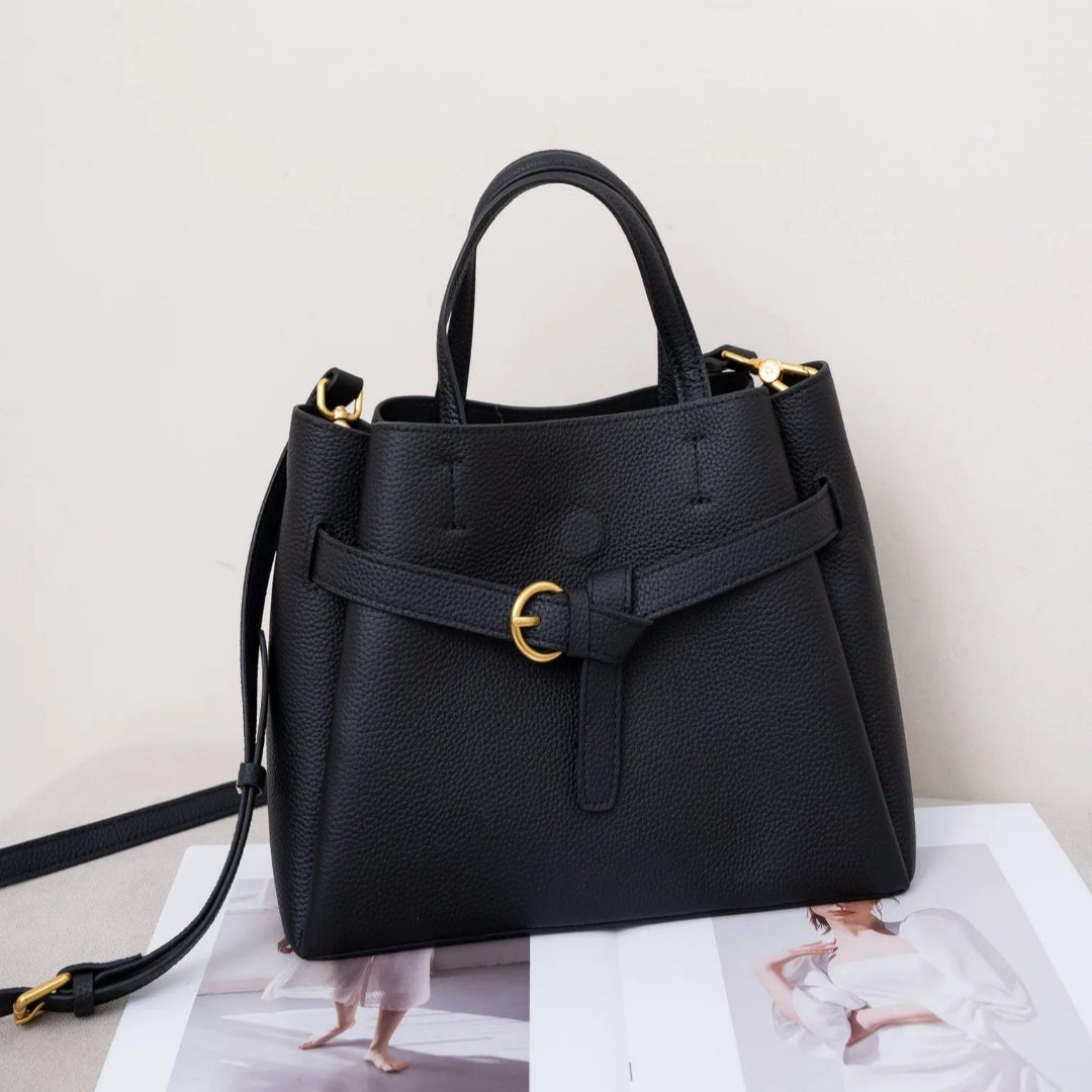 Handtasche aus Echtleder für Damen ⎜ Geräumige Alltagstasche mit Tragegriff und stilvoller Gürtelschnalle