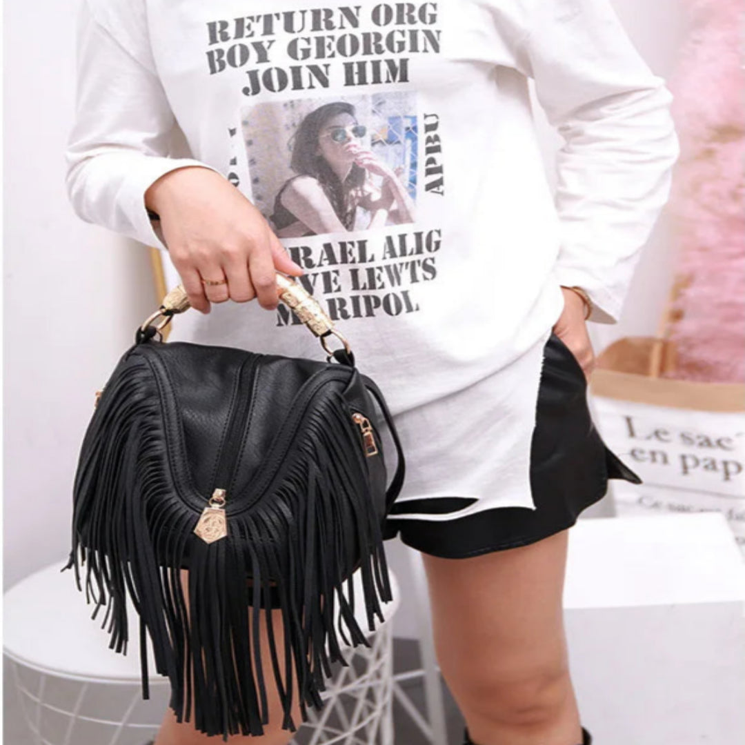 Damen Umhängetasche mit Fransen ⎜ Modische Schultertasche im Boho-Stil mit Reißverschluss und Goldakzenten