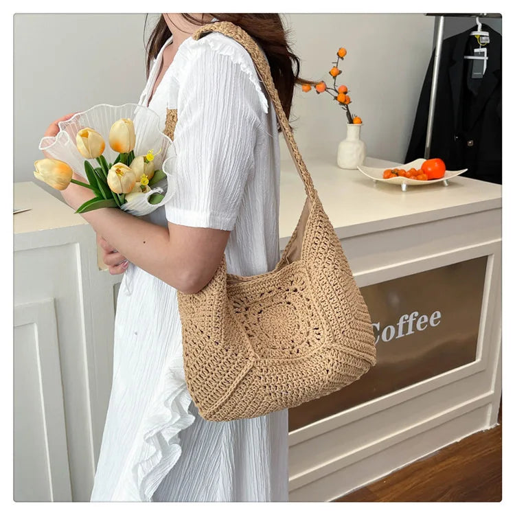 Große Umhängetasche für Damen ⎜ Vielseitige Strandtasche aus geflochtenem Baumwollgewebe im Boho-Stil