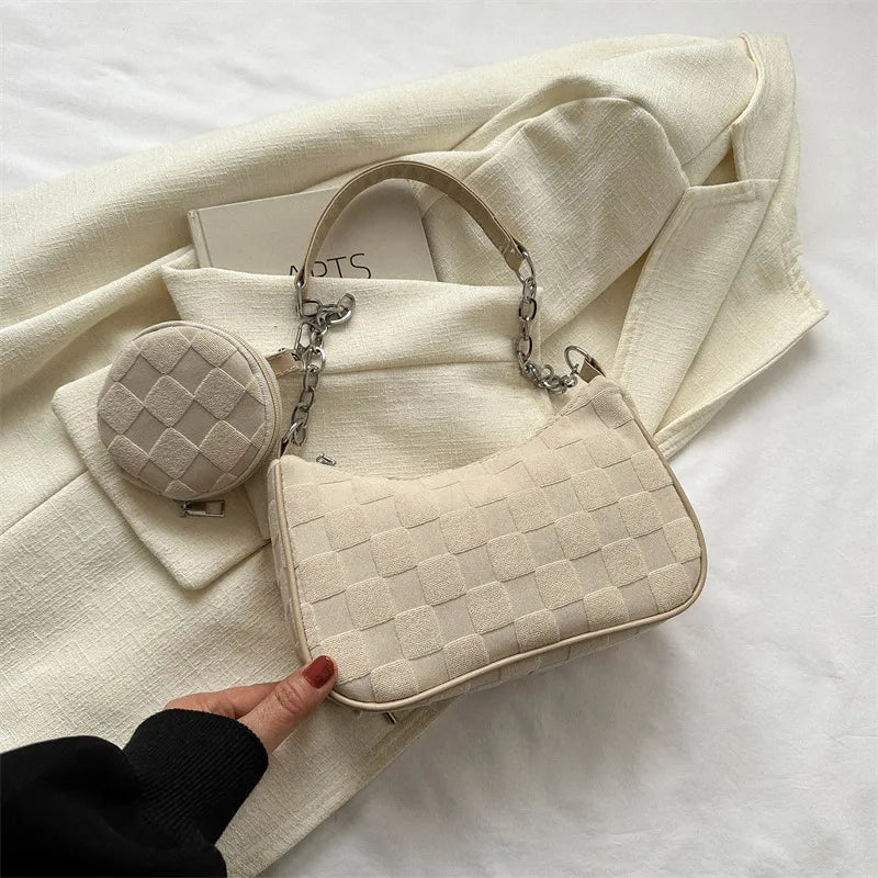 Schultertasche für Damen ⎜ Kompakte Umhängetasche mit Retro-Muster und abnehmbarer Mini-Tasche für unterwegs